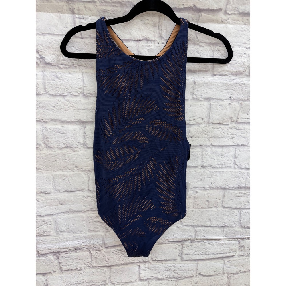 Onia Yvette One Piece Swimsuit XL Blue Shadow Mesh Palms NWT Beach Pool Swim